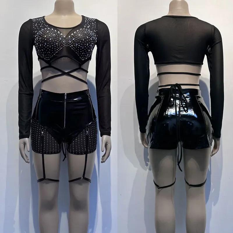 Black Sheer Mesh Birthday Outfits for Women 2 Piece Set Night Club Rhinestones Crop Top and Shorts Rave Outfit Conjuntos Curtos