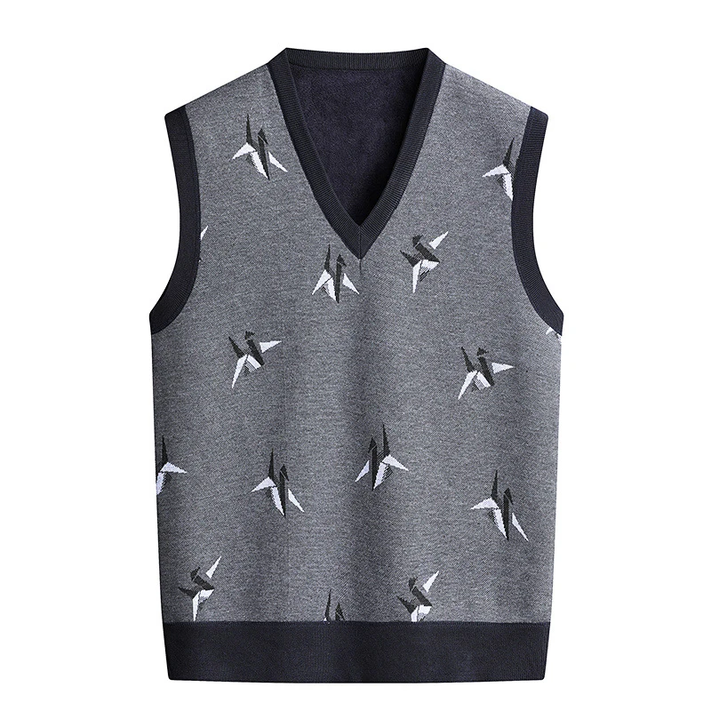 Men‘s V-neck Sweater Vest Autumn Winter Fleece Lining Knit Waistcoat Warm Homme Clothes Korean Fashion Pullover