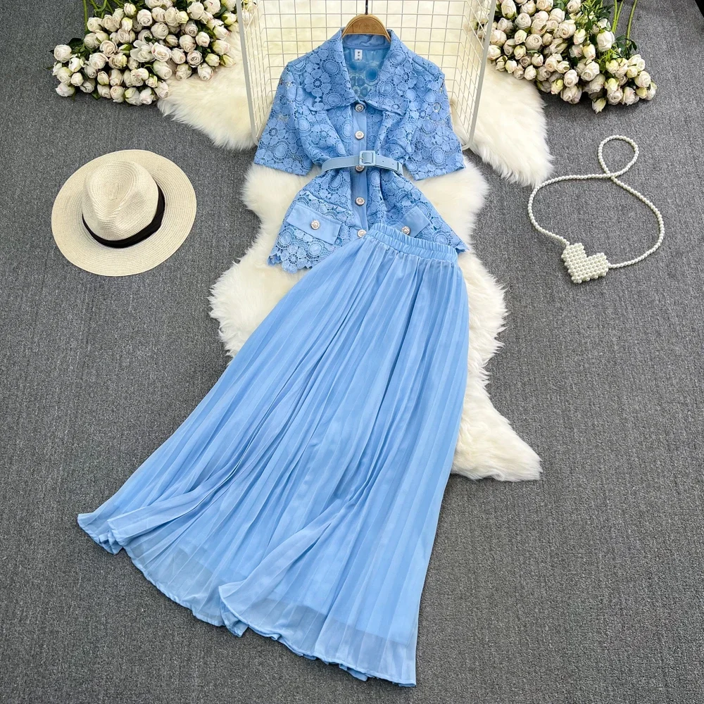 Fashion Light Luxury Dress Two Piece Sets Turn-down Collar Single Breasted Lace Shirts High Waist A-lin Pleated Skirt Women Suit