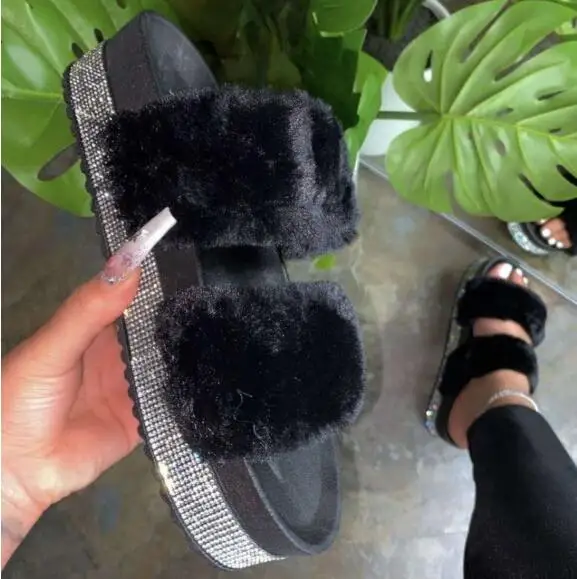 MS home anti-skid Spring/summer new 2024 new rhinestone thick bottom hairy slippers ladies plus size foreign trade hairy sandals