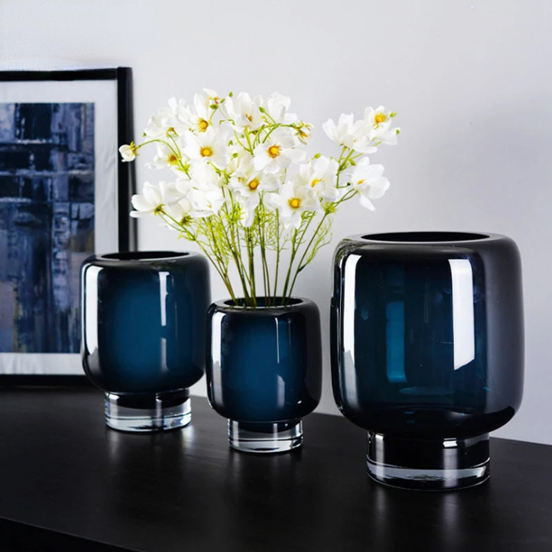 

Creative living room, household glass vase, light luxury decoration, soft decoration, blue colored glass, high leg vase