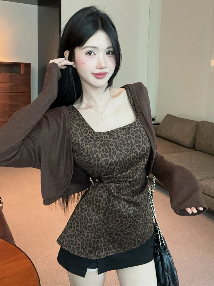 Tiger Print Square Neck Retro Waist Cinched Long Sleeve Base Vest Sexy Spicy Long Sleeve Open Cardigan Top Set Women's Fashion