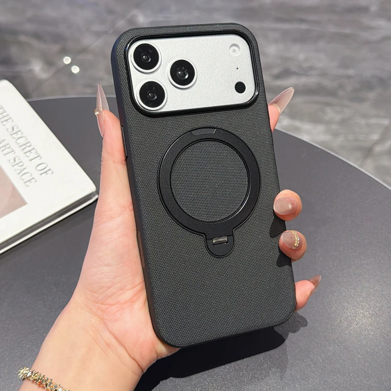 Für iPhone 17 16 Pro Max Air Case ELVEV Tech Gewebtes Stoff-Magnetgehäuse PC+TPU 360° °   Drehbarer Ringhalter mit Mikrofaser-Innenfutter