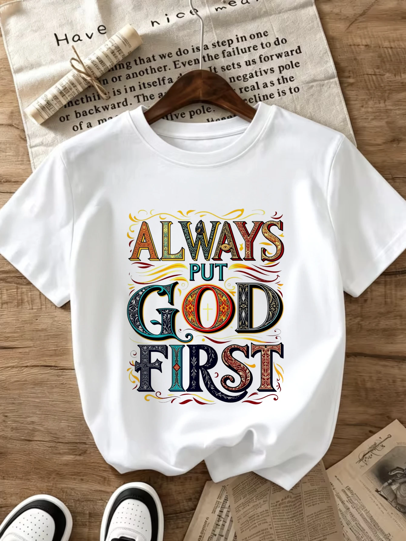 New Arrival for Spring Summer, Funny Graphic Tees, Women'S Casual Crew-Neck T-Shirt, Always Put God First Religious Faith Design, 100%, Comfortable for All Seasons, Local Delivery