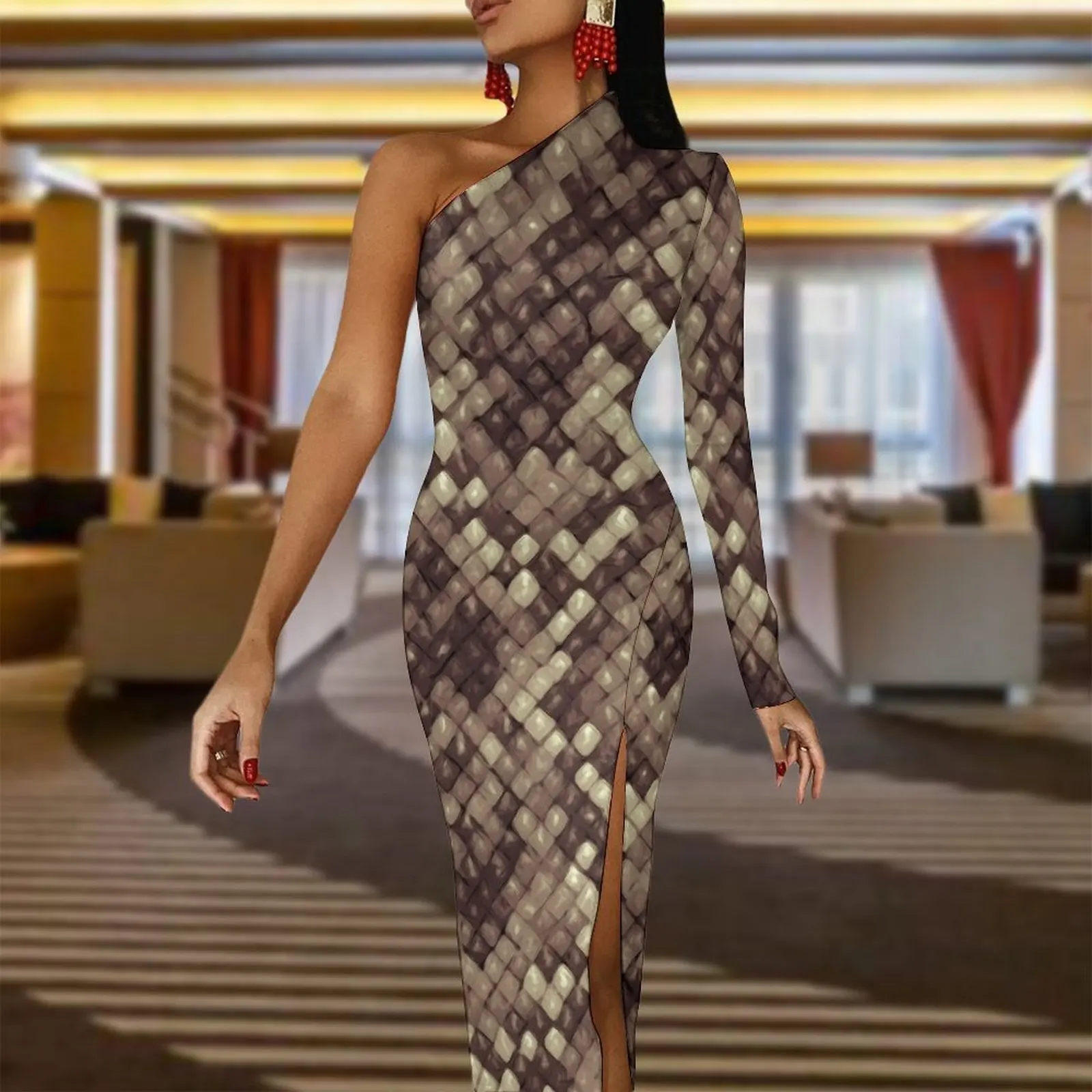 Snakeskin Python Long Dress Women Animal Print Party Maxi Dress Spring Pretty Bodycon Dresses High Slit Printed Vestido