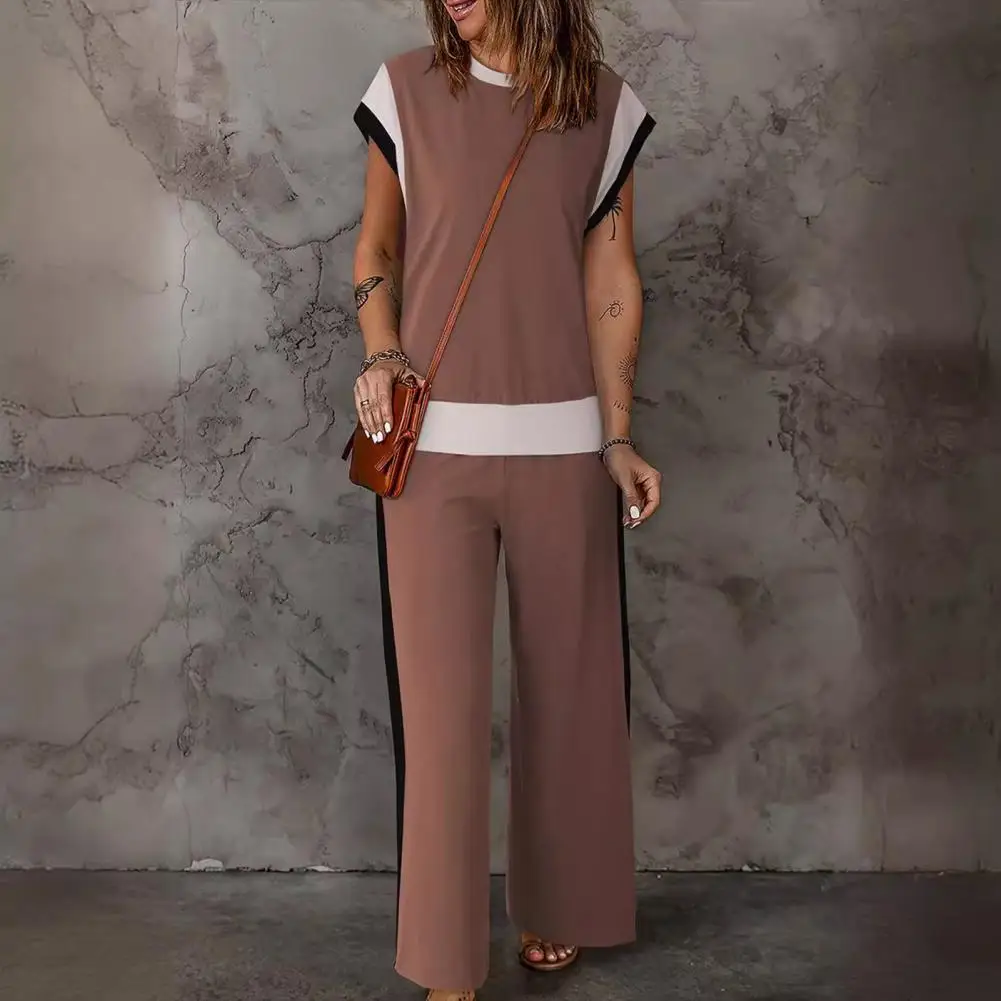 Women Color-blocked Suit Set Women\'s Top Wide Leg Pants Set for Wear Loose Fit O Neck T-shirt with Color Matching for Females