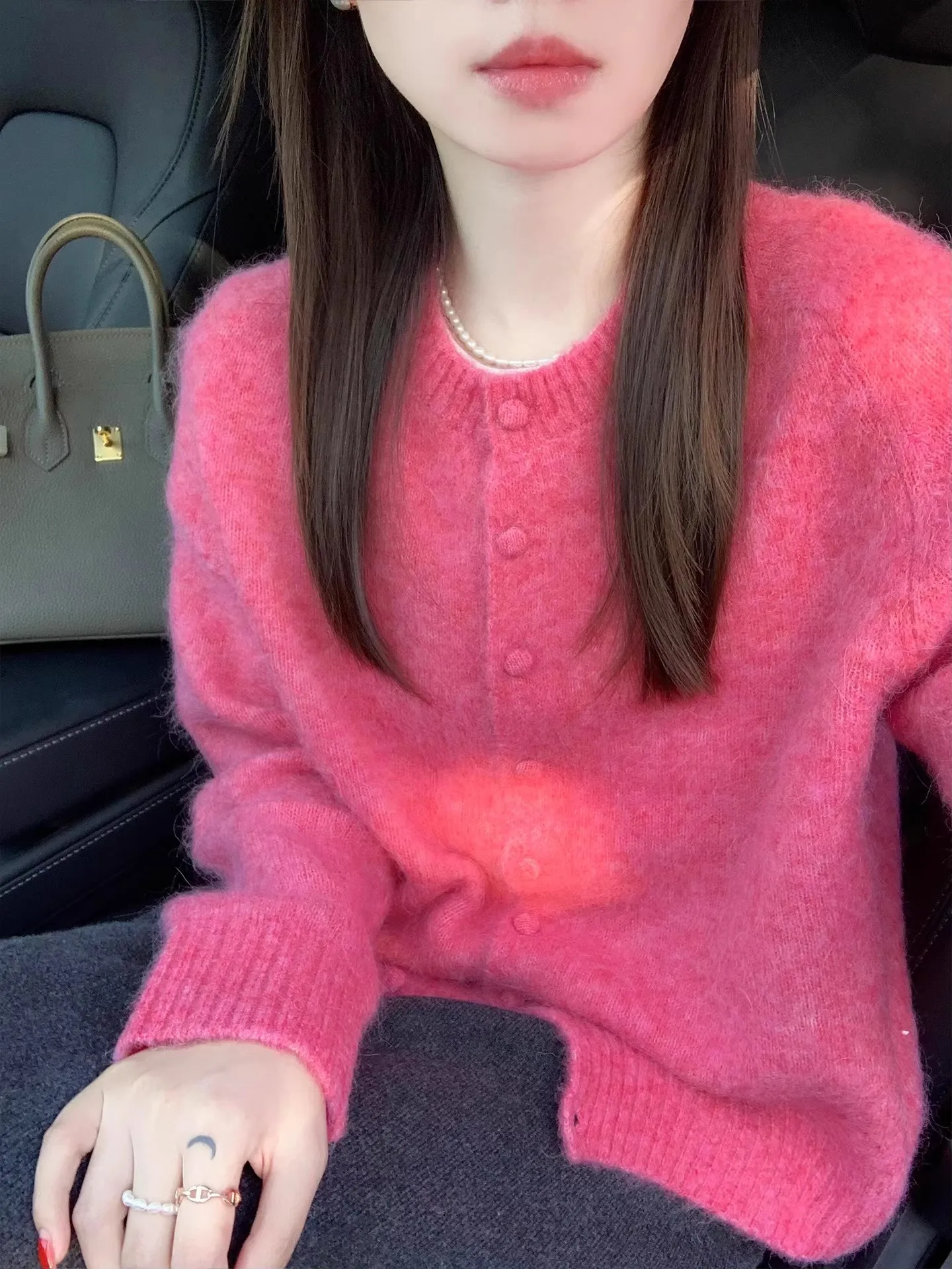 

Lu Pink Knitted Open Cardigan Women's Sle Lazy High-End Feel Top for Autumn Winter Season Regular Sve Long Sve roun...