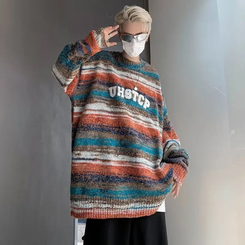 

Korean Gradient Yarn Embroidered Letter Striped Sweater Men Round Neck Loose Y2K Vintage Lazy Style Street Autumn Winter Sweater