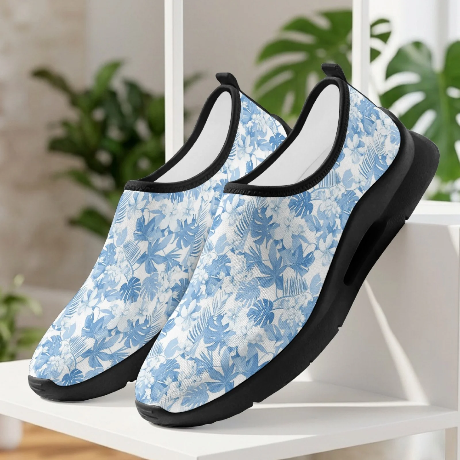 PENSTROLL Blue Tropical Leaf Sneakers Men's Fashion Sneakers for Male, Breathable Comfortable Men's Slip On Sneakers
