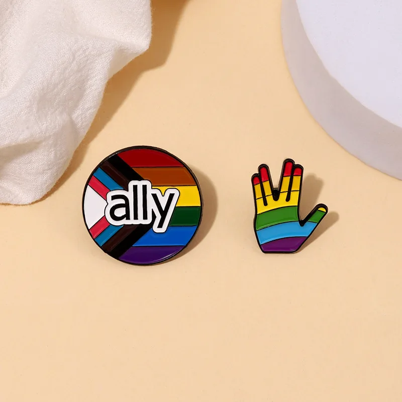 Rainbow Ally Enamel Brooch Round Rainbow Cartoon Hand Metal Badge Punk Clothing Lapel Pin Jewelry Friend Accessories Friend Gift