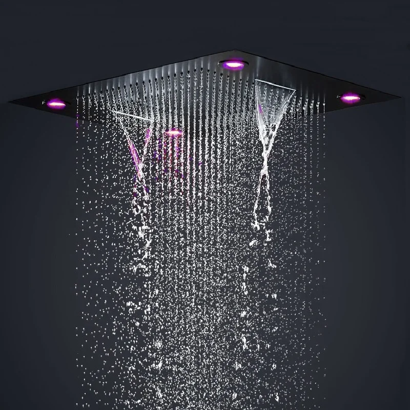 Luxury Black Electricity 600x800MM Shower Panel System Remote control Light  Brass Shower Jets Thermostatic Mixer