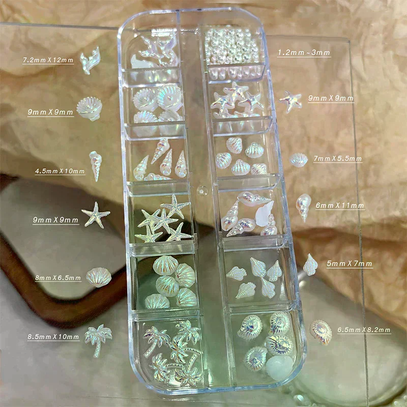 12 Grids/box Blue White Nail Charm Shell Starfish Mermaid Tail 3d Nail Art Accessories for a Dreamy and Oceanic Manicure Look