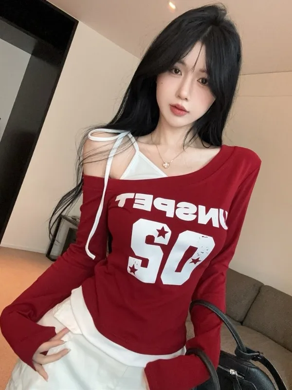 Sexy Unique Shoulder T-Shirt Women's Long Sleeve Base Shirt Inner Wear Beautiful Hollow out City Walk Standard Fit Autumn Top
