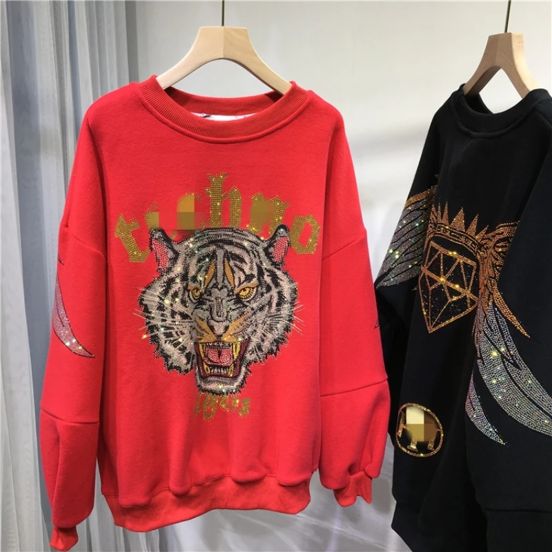 Domineering Tiger Hot Drilling Women Sweatshirt Autumn Winter Thicken Velvet Red O-neck Pullover Top Long Sleeve Loose Hoodie