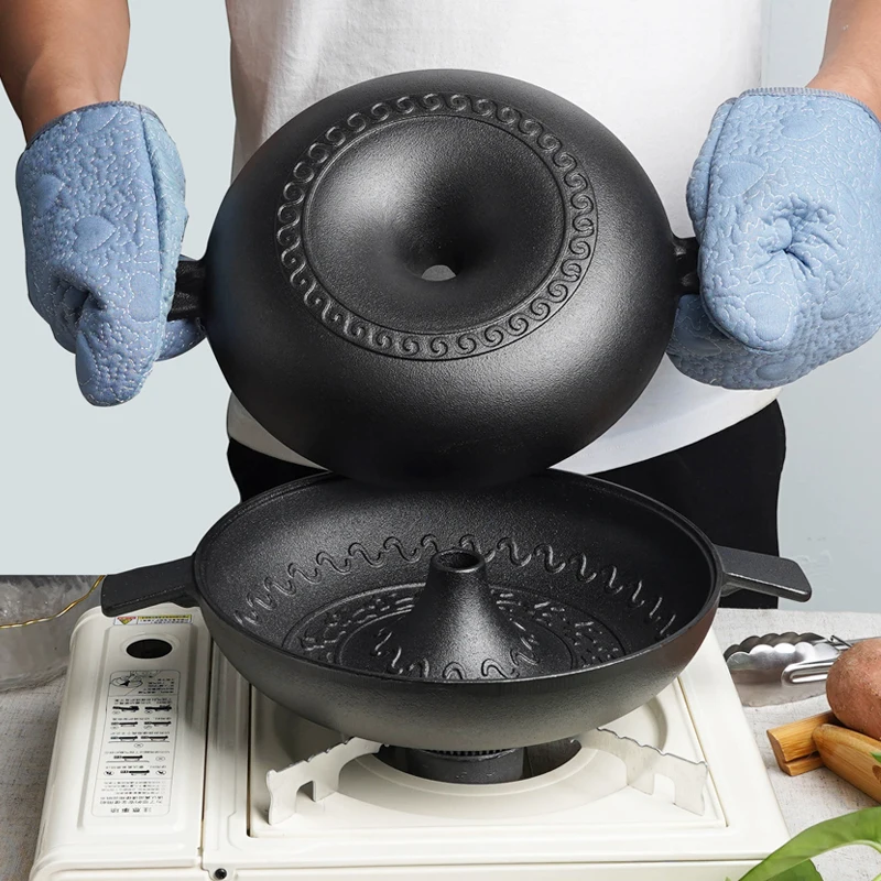 Heavy-Duty Cast Iron Grill Pan Multi-Functional Hot Pot & Sweet Potato All-in-One BBQ Skillet for Indoor/Outdoor Cooking