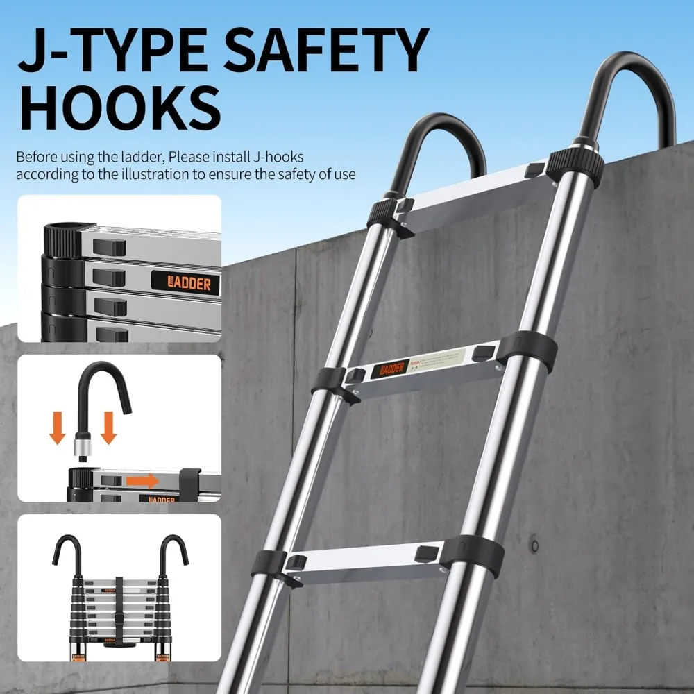 سلم تمديد عالي التحمل بطول 8.5 قدم مع خطاف ثابت وقضيب تثبيت، سعة 330 رطل، سلم تصغير متعدد الأغراض للخارج #3