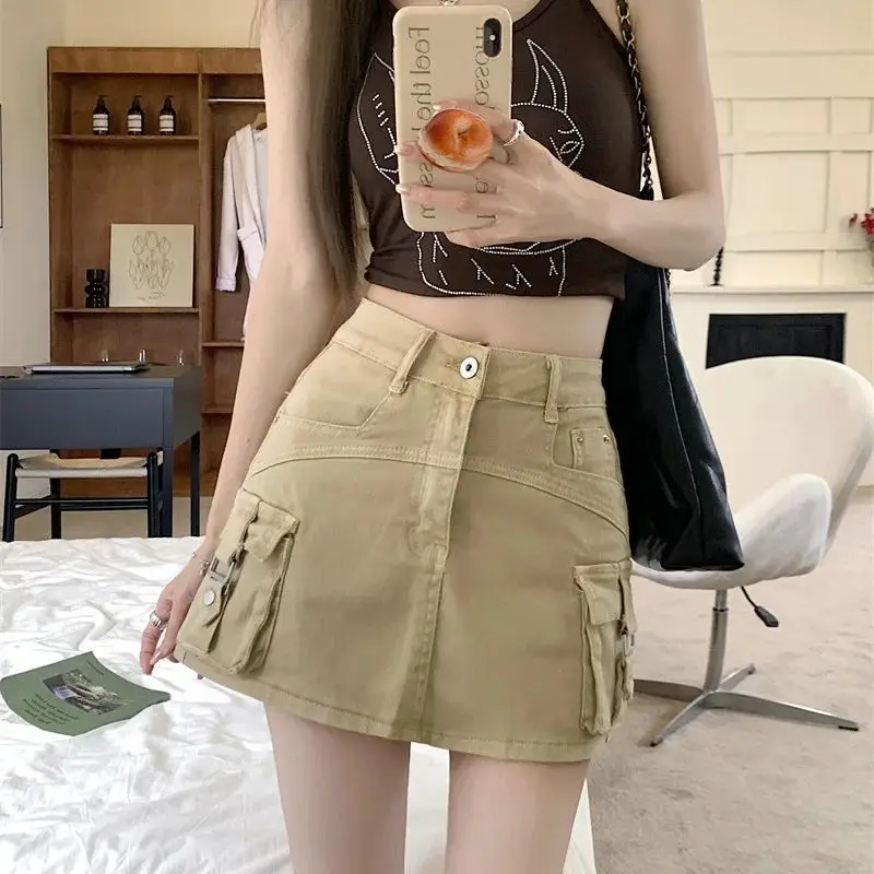 

Khaki workwear skirt hot girl anti-exposure denim slim retro skirt high waist A-line skirt