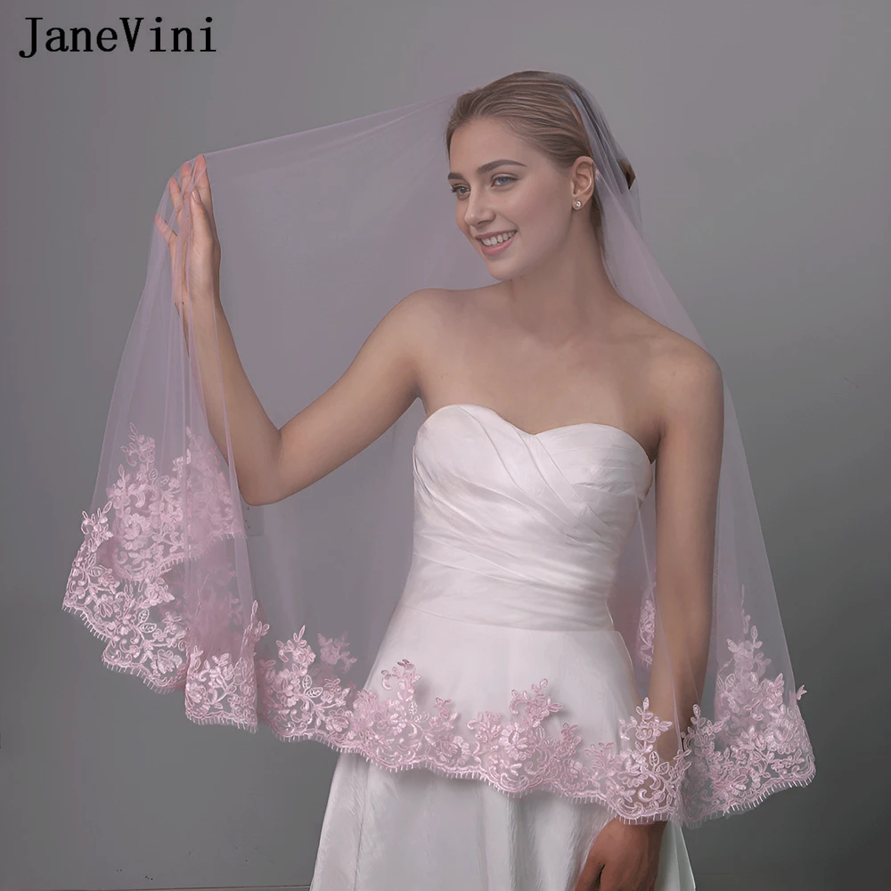 

JaneVini Gorgeous Pink Lace Edge Short Wedding Veil without Comb One Layer Blue Burgundy Appliques Elegant Tulle Bridal Veils