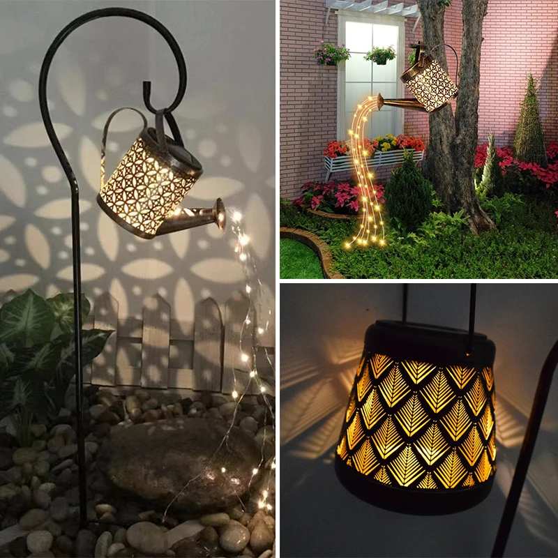 

Outdoor Solar Stars Garden Art Light Gardening Watering Can String Hollow-out Iron Shower LED Lights Lamp Home Garden Decoration