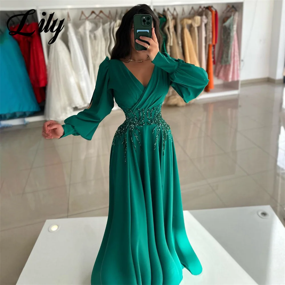 Lily V-Neck Evening Gown A-Line Sexy Elegant Prom Dresses with Pleats Satin Green Regular Sleeve Evening Dresses robes de soirée