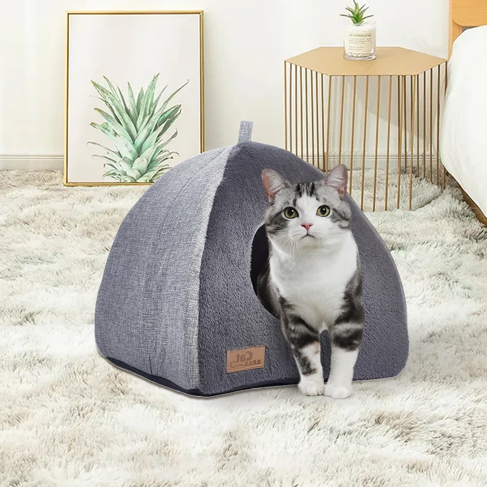 Triangular Large Dog Cat House with Soft Plush Grey Puppy Sleeping Bed Indoor