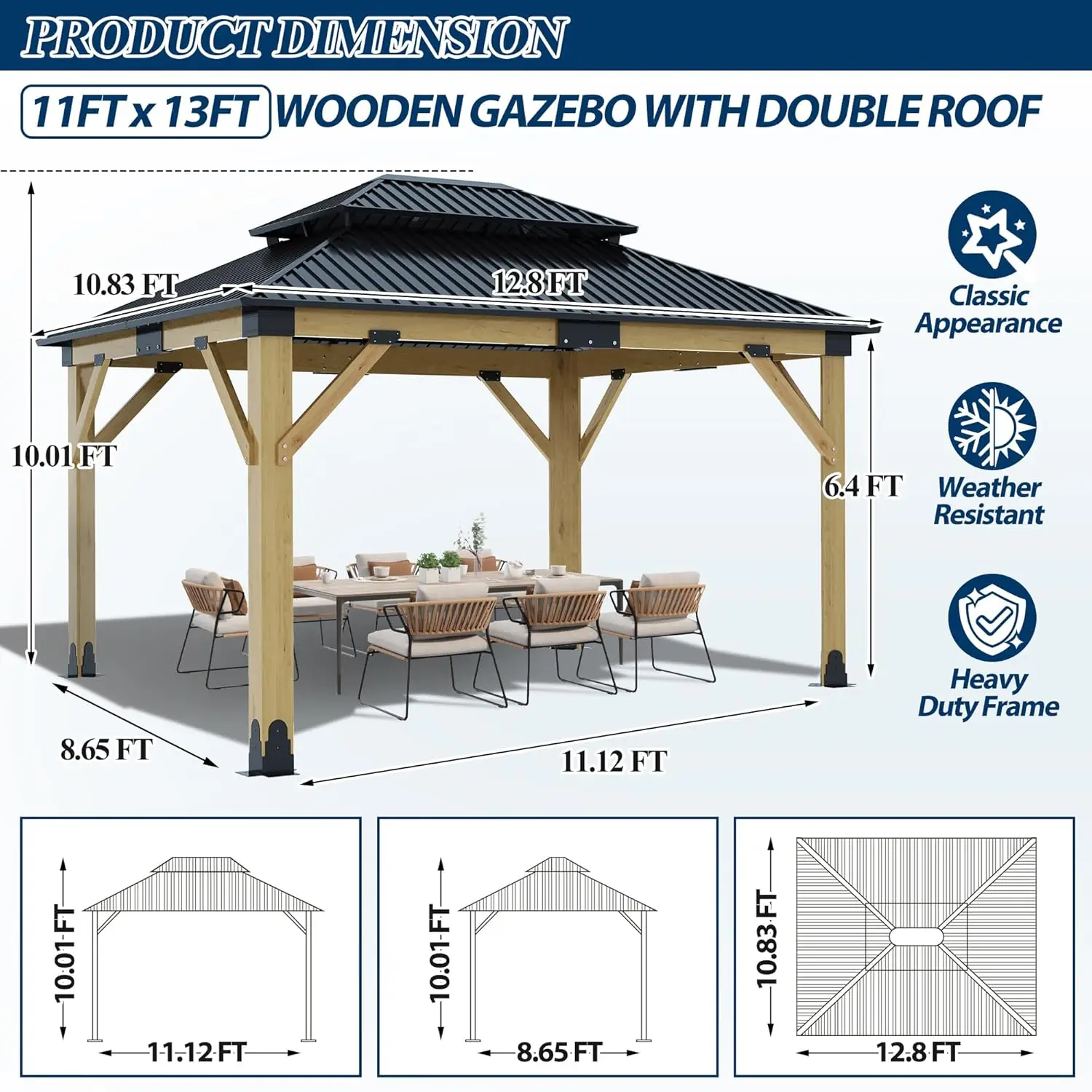 11x13FT Wooden Outdoor Gazebo with Galvanized Steel Hardtop & UV Protection for Garden Poolside Deck, Custom