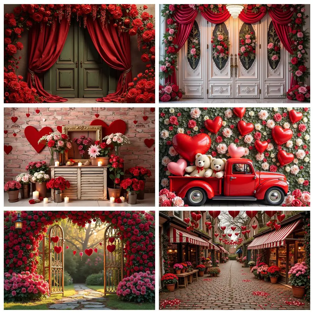 

MOON.QG 2025 Valentines Day Photography Backdrops February 14 Photo Studio Backgrounds Red Curtains Flower Car Outdoor Photocall