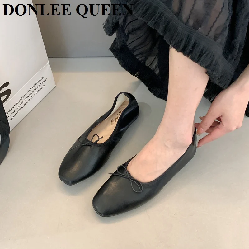 2024 Fashion Candy Color Flats Ballet Shoes Women Female Ballet Round Toe Shallow Bow Knot Ballerina Soft Moccasin Zapatos Mujer