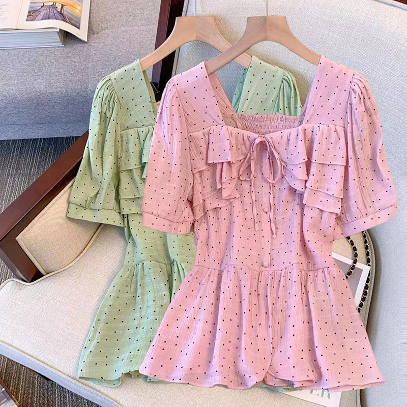 

L-4XL Large Size Sweet Ruffles Blouses 2023 Summer Oversize Short Sleeve Shirts Fashion Square Collar Lace Up Dot Tops Female