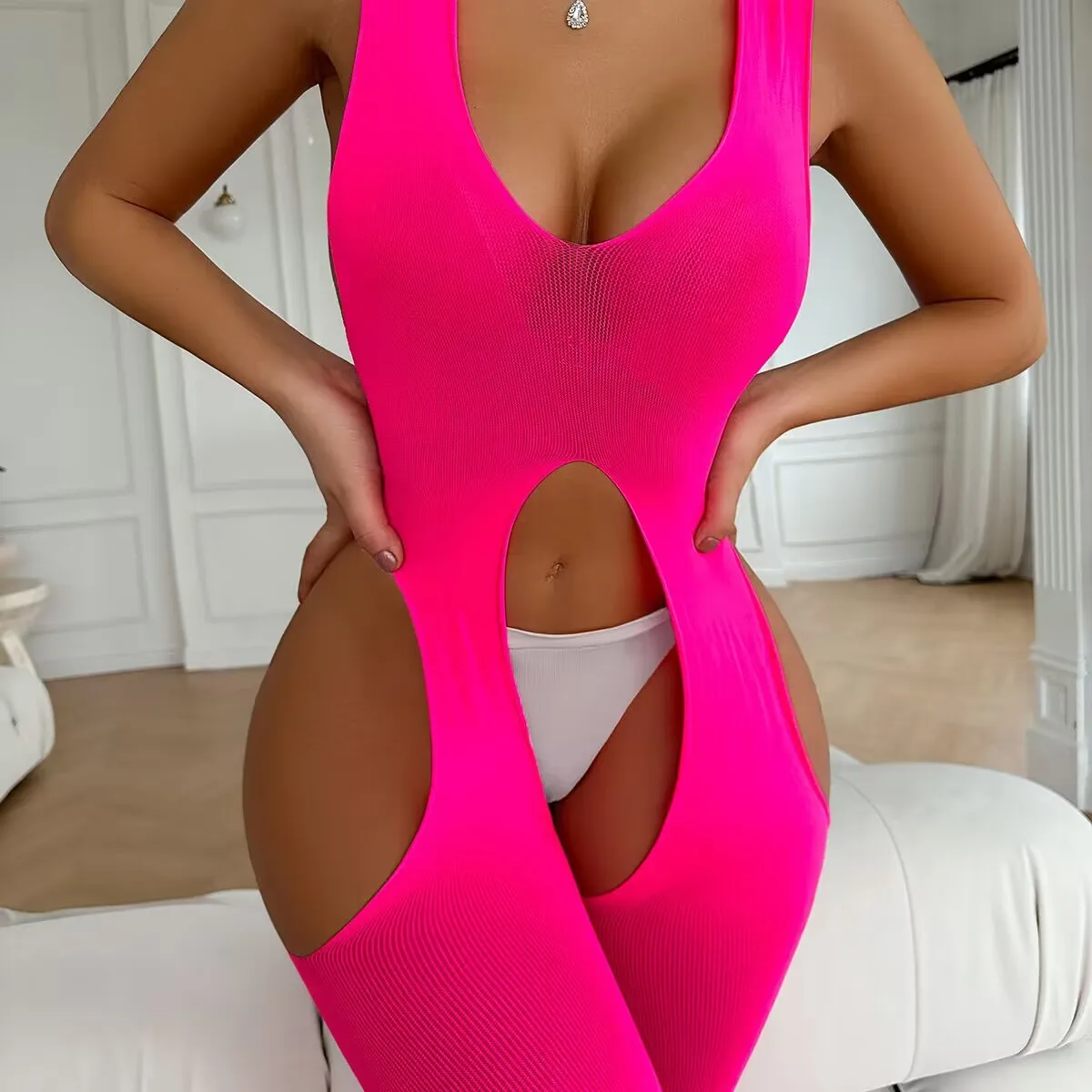 Sexy Pink Fishnet Bodystocking Female Underwear Hollow Out Sleeveless Open Crotch Garter Mesh Bodysuit Women\'s Sexy Lingerie