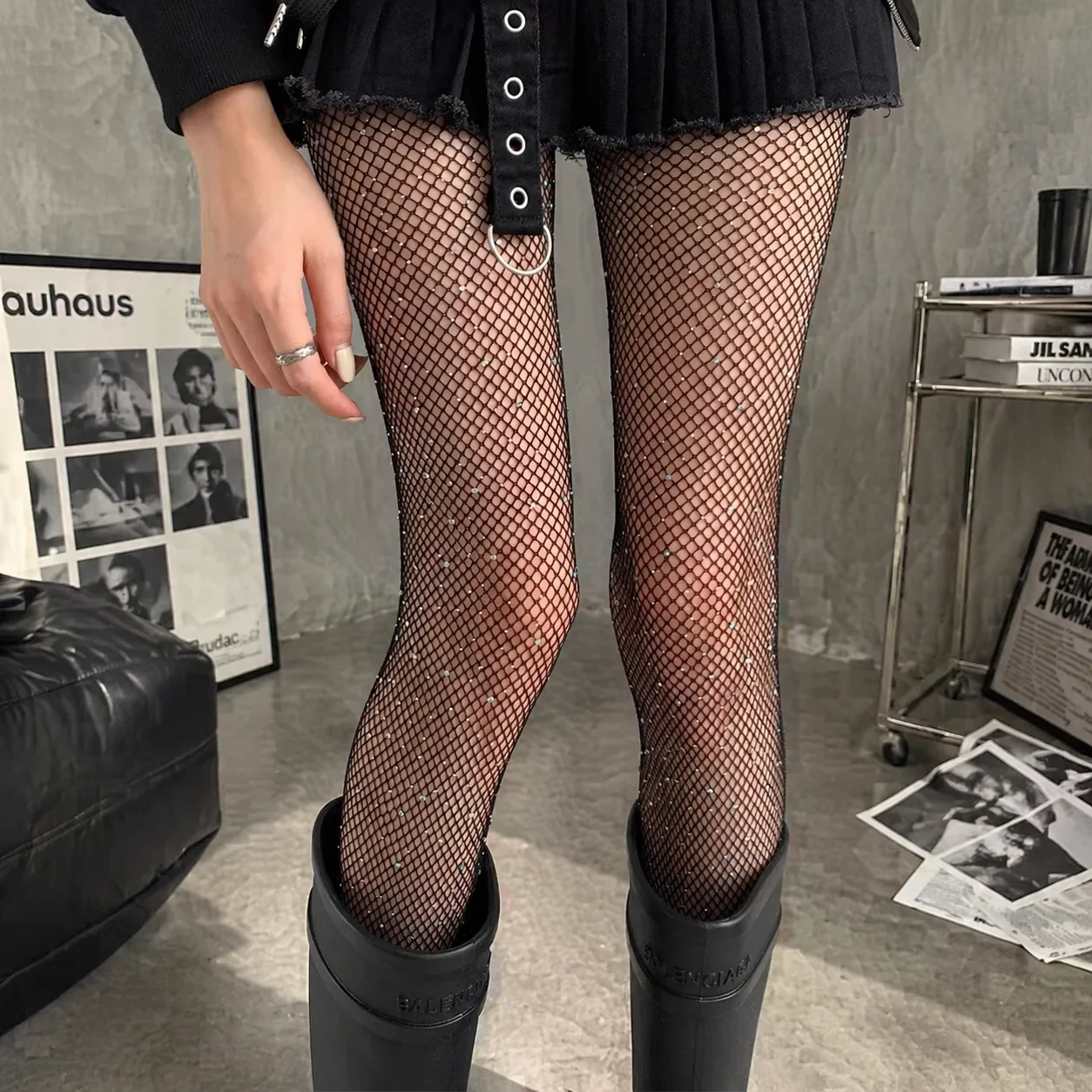 Medias de rejilla pequeñas y brillantes de moda con pedrería y diamantes de imitación para mujer, negras, sexys, ultra brillantes, para fiesta