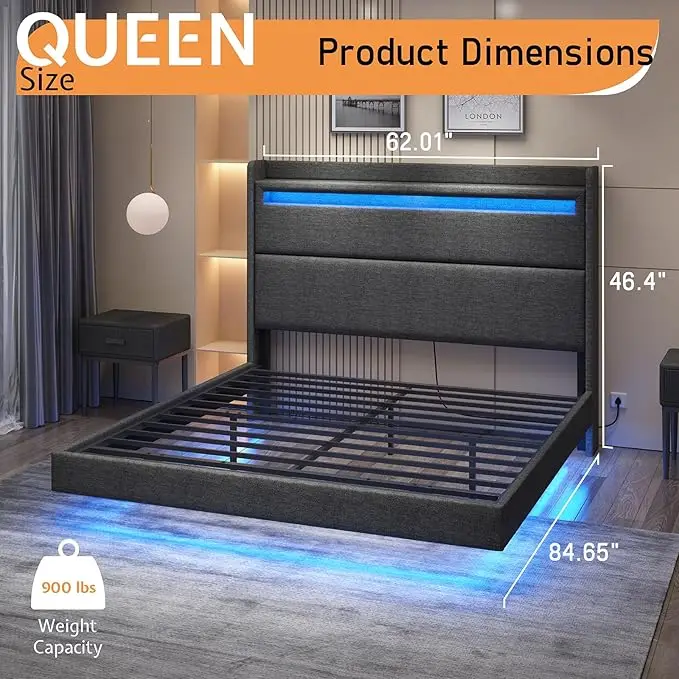 Bed Frame Full with LED Lights, Upholstered Platform Bed with Charing Station & Storage Wingback Headboard, No Box Spring Needed