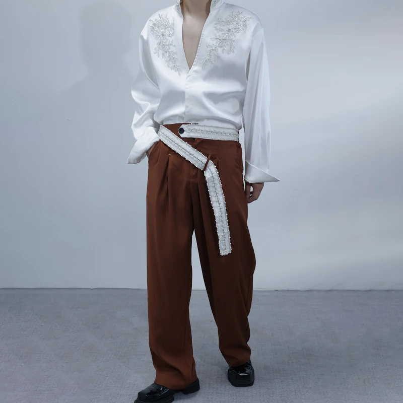 LUZHEN Personalized Original Belt Decorate Loose Straight Casual Pants Men's Solid Color 2025 New Handsome Male Trousers JY4614