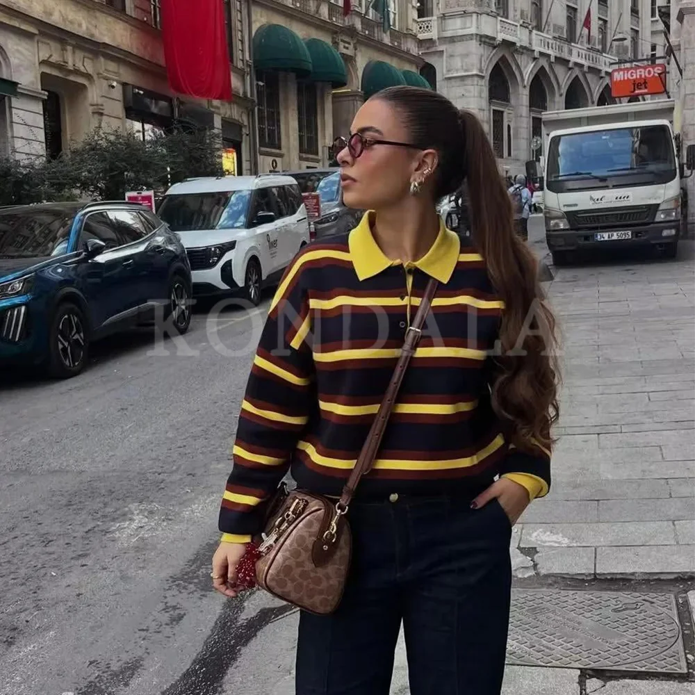 KONDALA 2025 automne hiver Streetwear tricoté femmes POLO mode élégant rayé pull dames POLO chemises