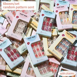 144Pcs Medium Almond Acrylic False Nails Set 6Boxes Y2K Bowknot 3D Rhinestone Decoration Fake Nails Almond Ballet Press on Nails