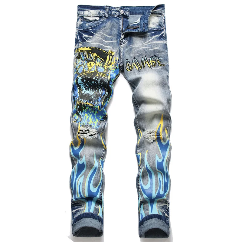 Punk trendy vintage blue jeans men's slim fit stretch ripped print personality unique skinny retro biker's trousers