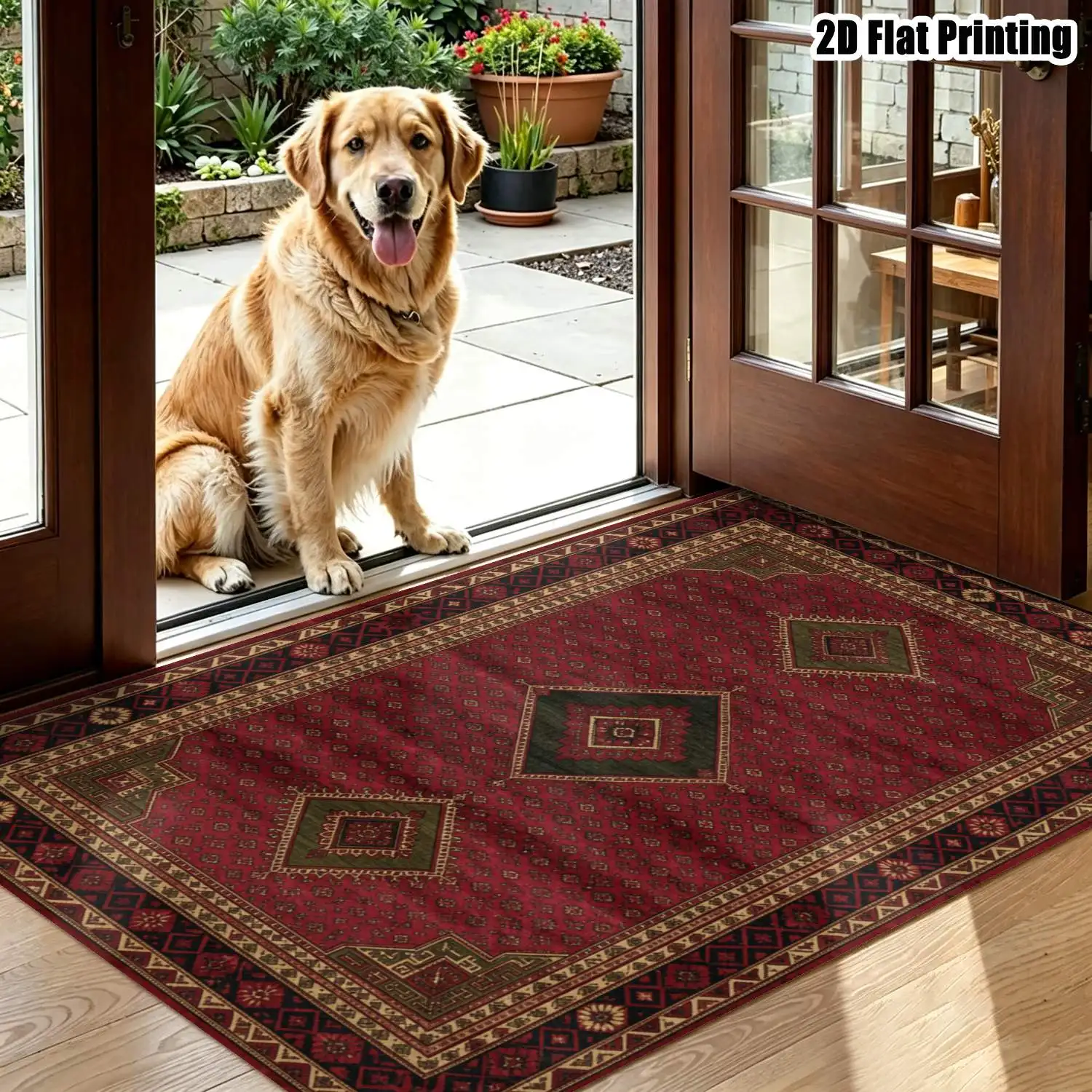 1Pc 2D Printed Burgundy-Green Geometric Retro Carpet, Multi-Size Machine Washable, Suitable for Home Decor, Door Mats, Dining, Foyer, Study, Living Room, Bedroom