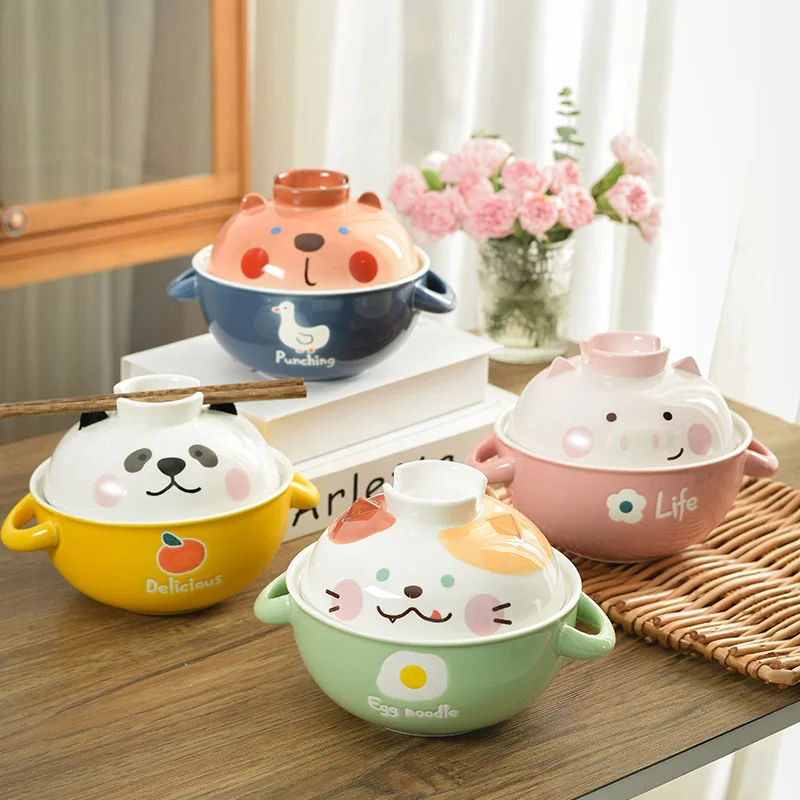 

New Arrival Japanese Cartoon Under Glaze Ceramic Panda Bear Cat Pig Bowls With Lids Cute Noodle Ramen Fruit Salad Soup Bowl Tray