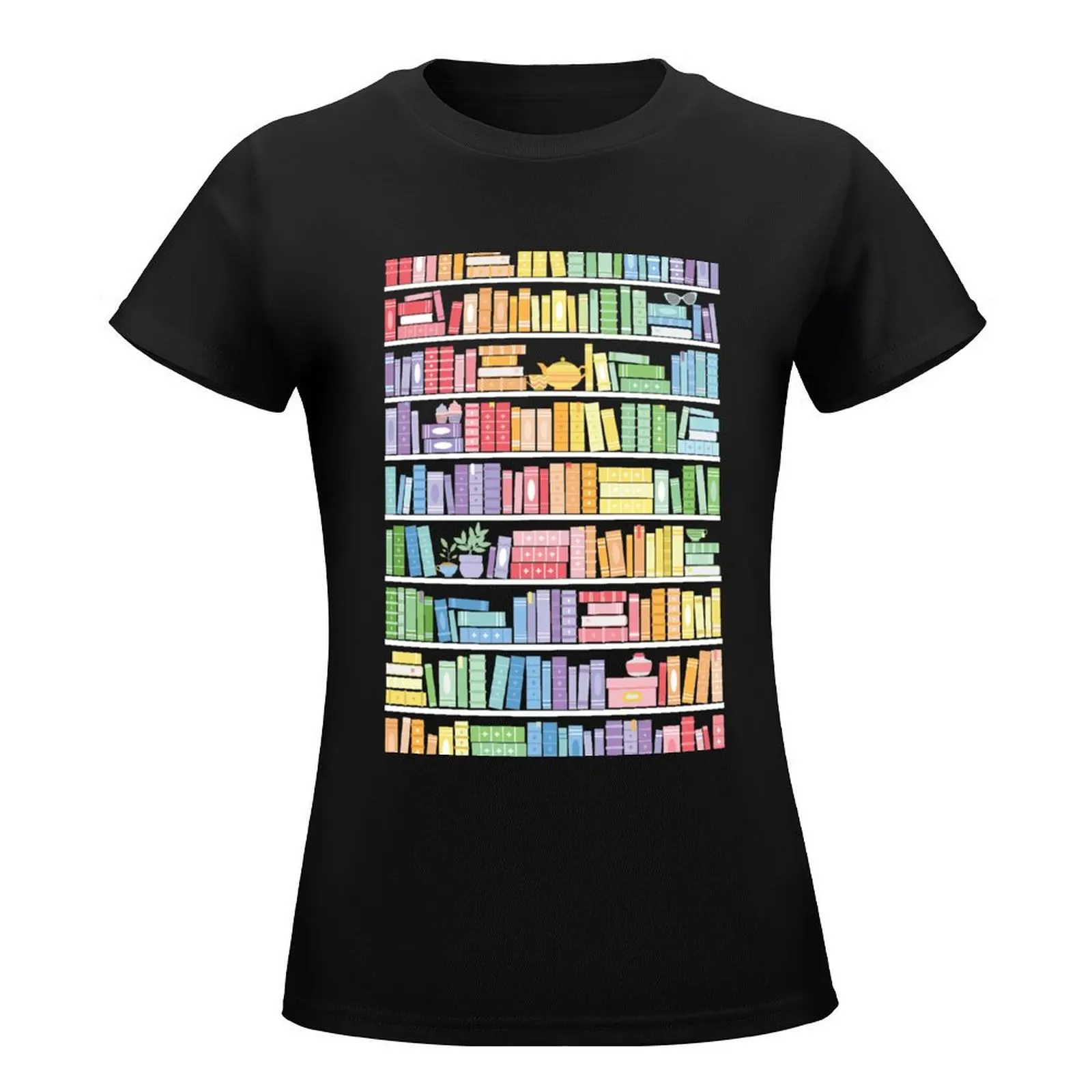 Rainbow Books Shelf Pattern (Black Background) T-Shirt oversized hippie clothes Blouse t-shirts for Women pack