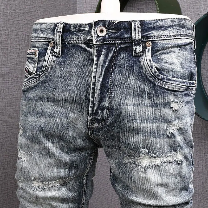 Street Fashion Men Jeans High Quality Retro Blue Stretch Slim Fit Ripped Jeans Men Patched Designer Vintage Denim Pants Hombre