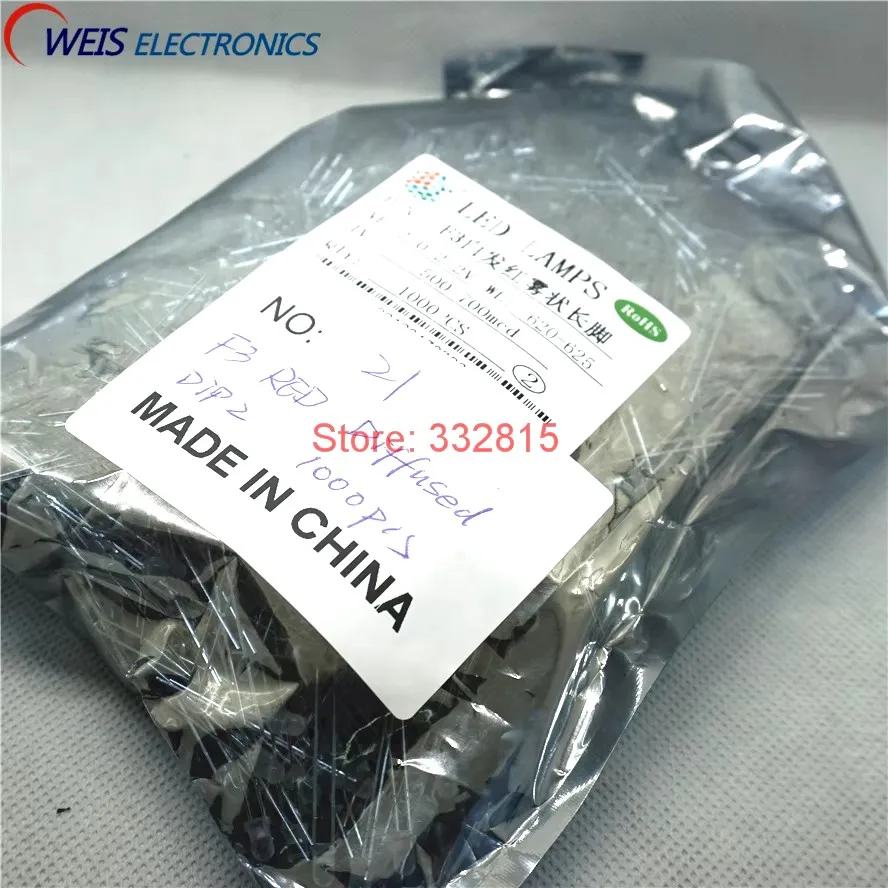 1000 قطعة، F3 DIFUSED DIP LED، 3 مم أصفر أحمر أخضر أزرق دافئ أبيض وردي، رأس مستدير