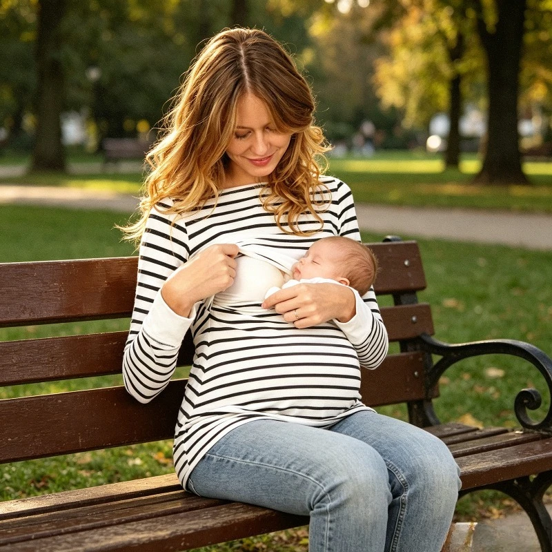 Breathable Striped Nursing Tee for Women Long Sleeve Maternity Breastfeeding Top Soft Comfortable Multifunctional Shirt