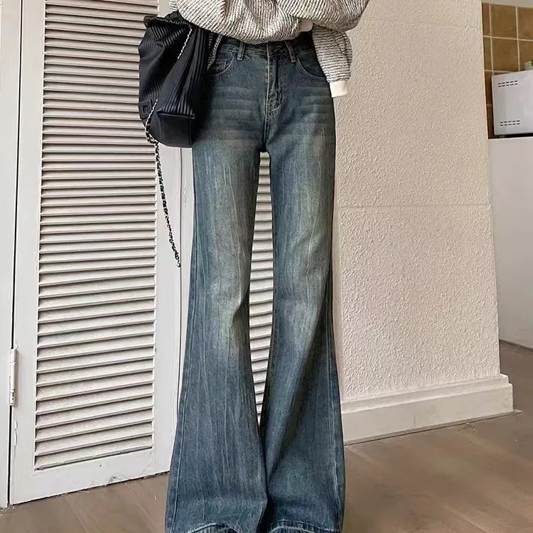 Jeans leggermente svasati retrò per donna Pantaloni in denim con fondo a campana dritto dimagrante a vita alta elastica Pantaloni femminili
