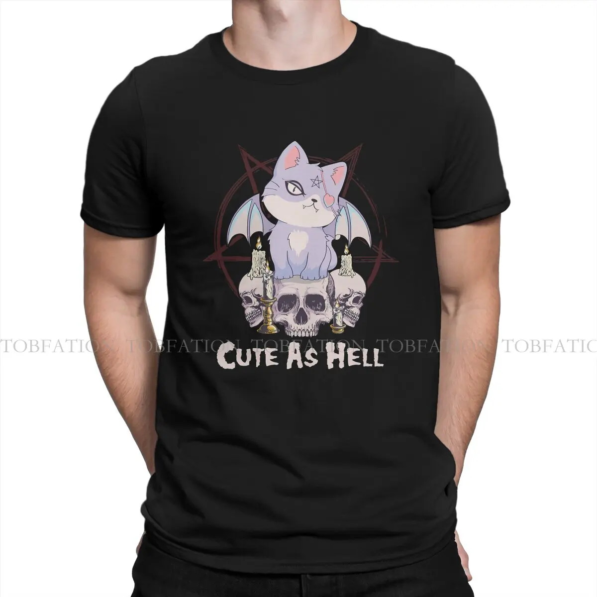 Cute As Hell Cat Skull Pastel Goth Occult Pentagram Tshirt Harajuku Men Grunge Teenager Tees Tops Large Cotton Crewneck TShirt