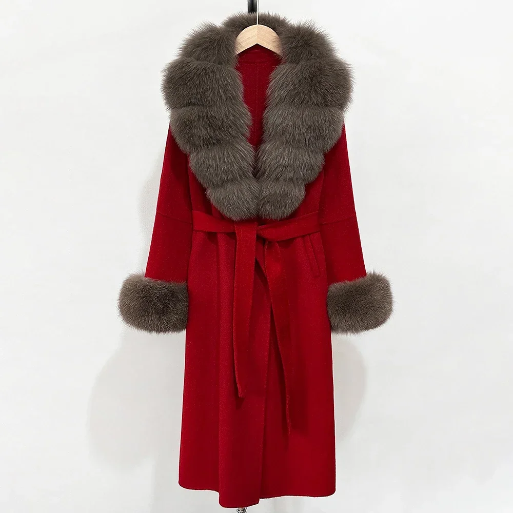 سترة طويلة كبيرة من فرو الثعلب الحقيقي سترة نسائية أنيقة دافئة من الصوف ملابس علوية معطف صوف أنيق أصفاد للخريف والربيع للنساء #4