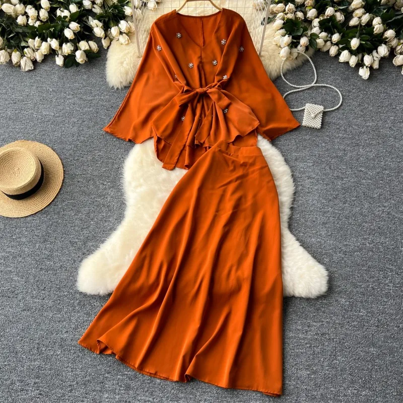 Fashion New Solid Chic Women Skirts Suit Elegant Casual Loose Shirts Blouses A-Line Saya Two Pieces Set Female Clothes Outfits