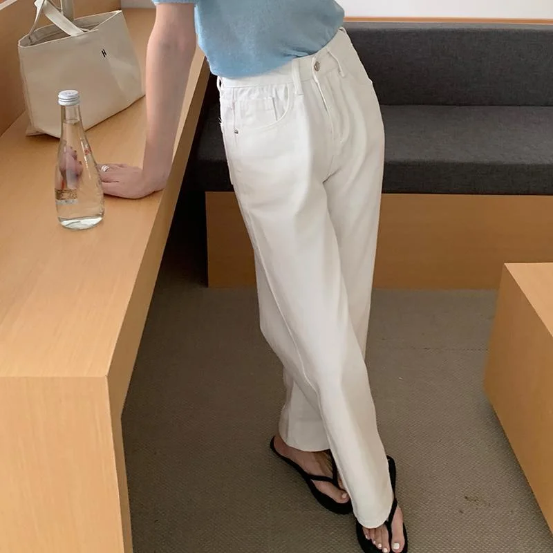 여성 데님 워싱 솔리드 빈티지 하이웨이스트 청바지 한국 스타일 패션 레트로 캐주얼 데일리 올매치 시크