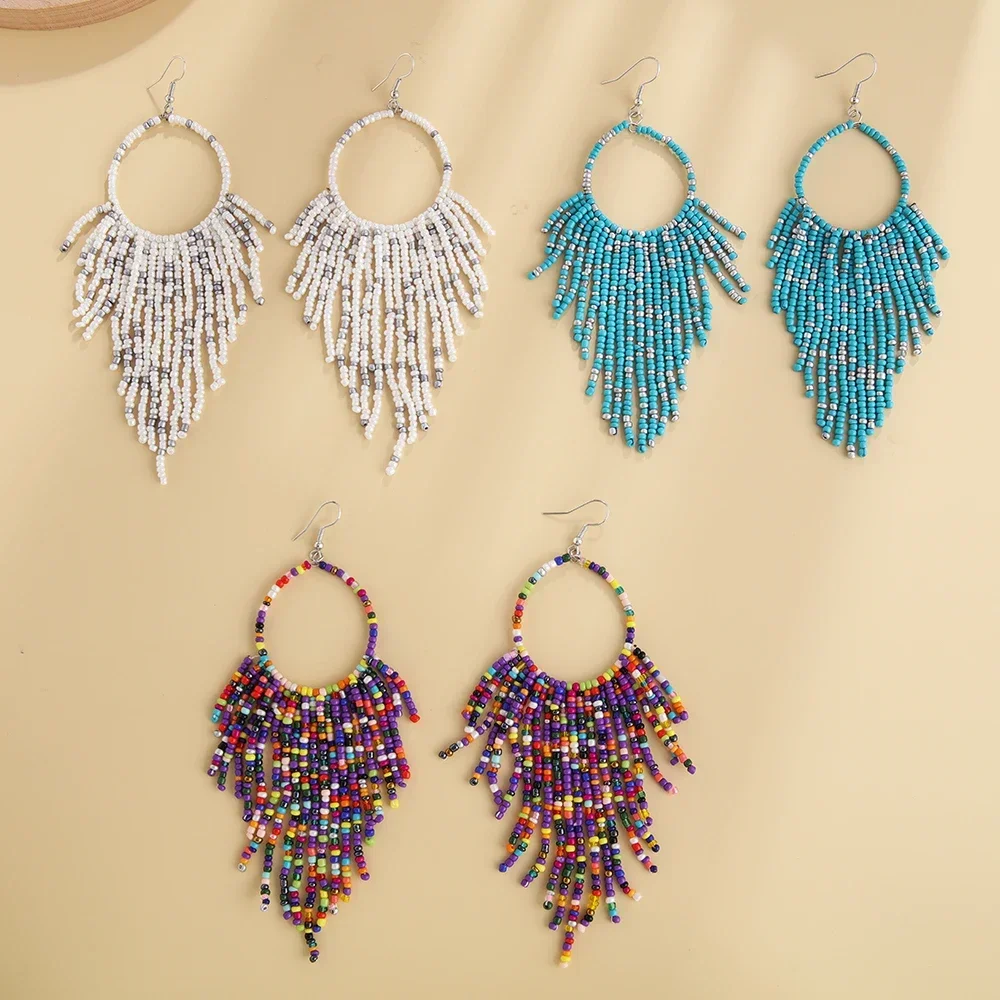 2025 Handmade Bead Earring Tassel Retro Tide Hand Knitting Random String Intersperse Bohemia Circle Beaded Earrings for Women