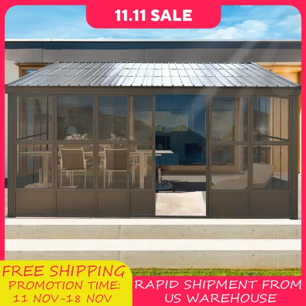 Sunroom,Wall Mounted Gazebo Solarium with Front Door, Side Entrance, Galvanized Steel Sloping Roof, Moveable PC Screen