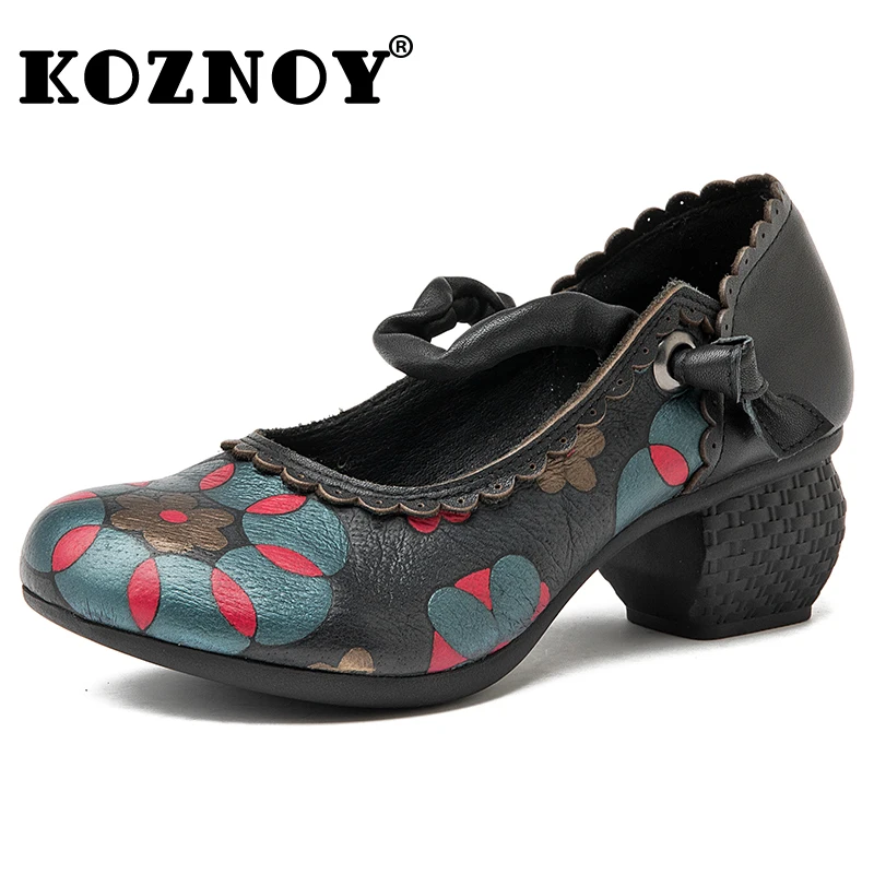 

Koznoy 5cm Print Cow Genuine Leather Pumps Ethnic Chunky Heel Moccains Ethnic Spring Autumn Women Elegant Fashion Summer Shoes